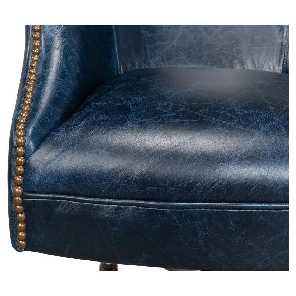 Andrew Jackson Swivel Blue Leather Desk Chair Chateau - LOOMLAN - Sarreid - Office Chairs