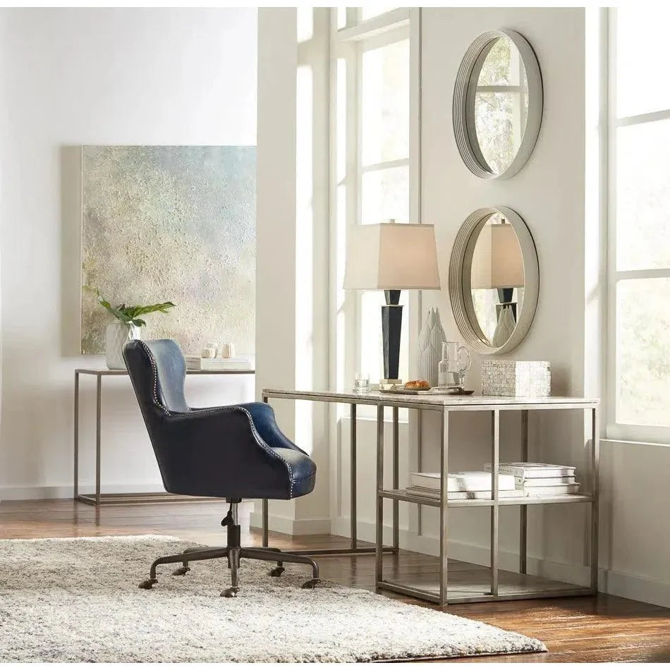 Andrew Jackson Swivel Blue Leather Desk Chair Chateau - LOOMLAN - Sarreid - Office Chairs