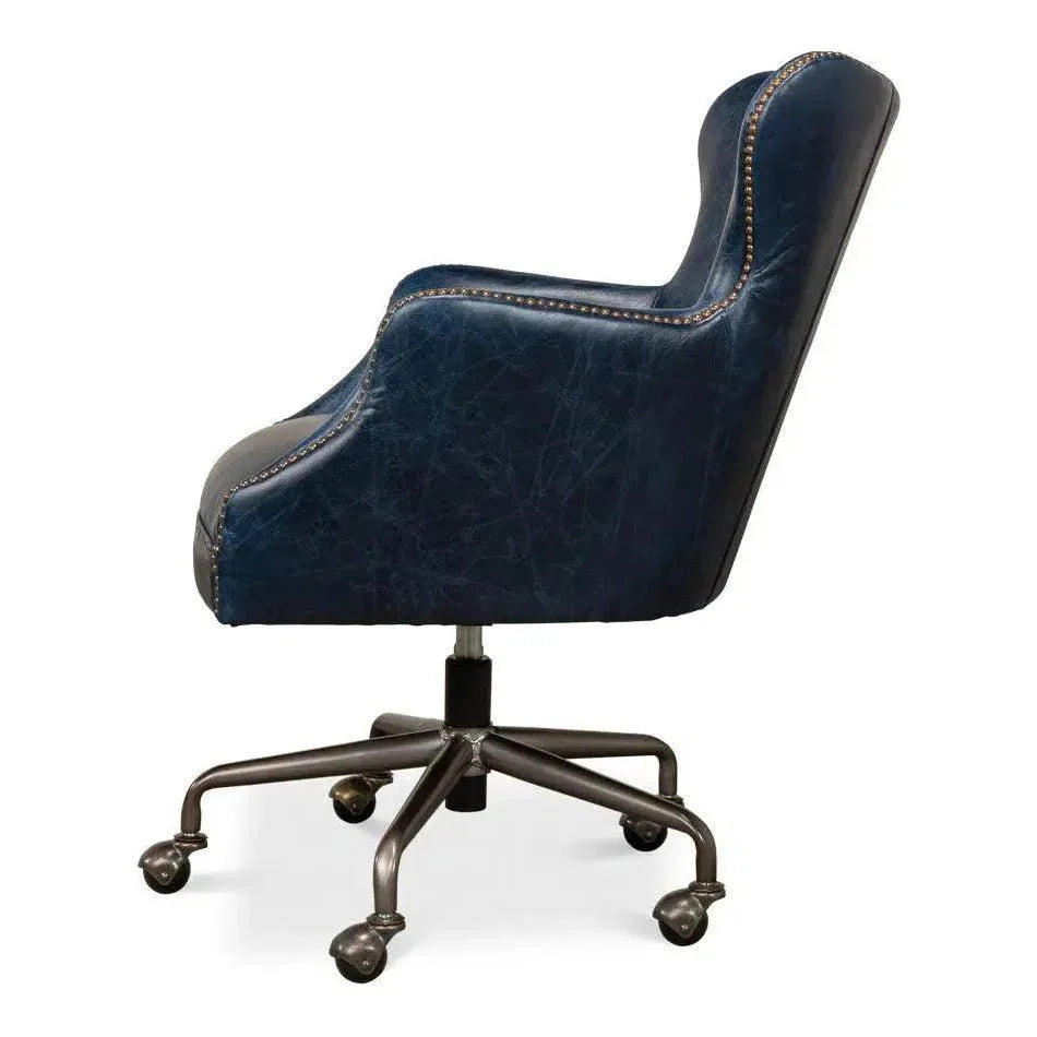 Andrew Jackson Swivel Blue Leather Desk Chair Chateau - LOOMLAN - Sarreid - Office Chairs