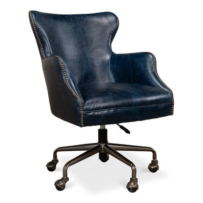 Andrew Jackson Swivel Blue Leather Desk Chair Chateau - LOOMLAN - Sarreid - Office Chairs