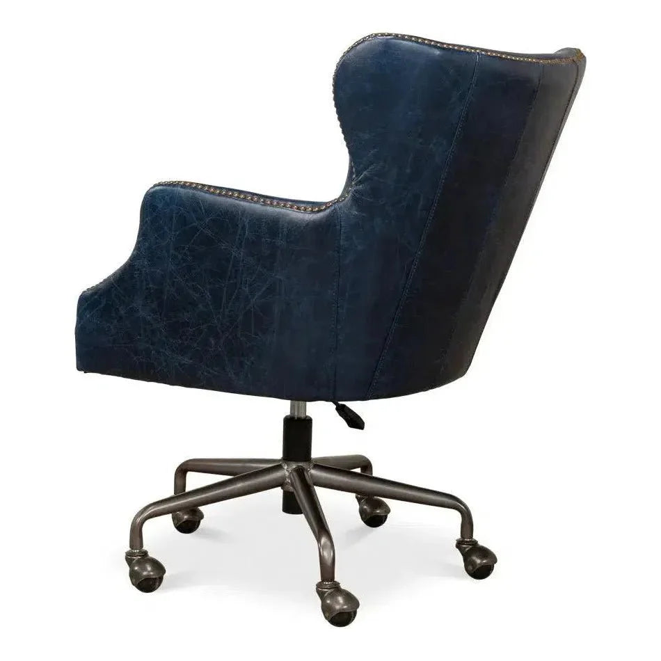 Andrew Jackson Swivel Blue Leather Desk Chair Chateau - LOOMLAN - Sarreid - Office Chairs