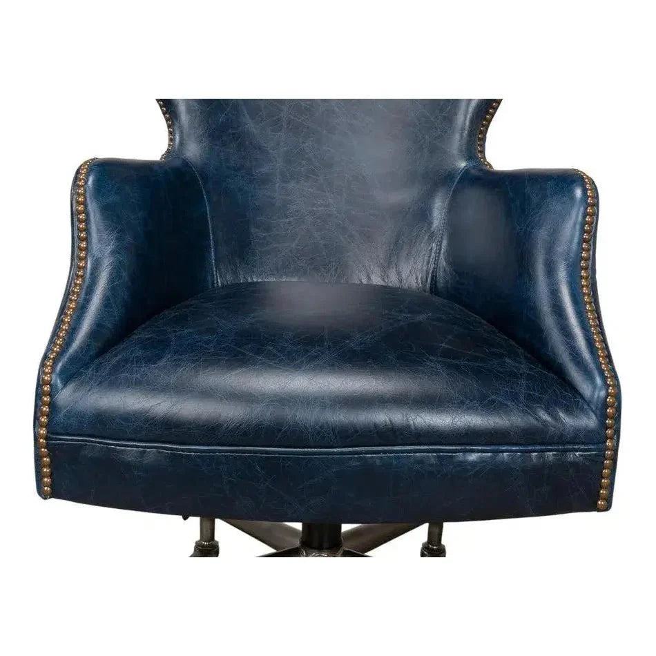 Andrew Jackson Swivel Blue Leather Desk Chair Chateau - LOOMLAN - Sarreid - Office Chairs