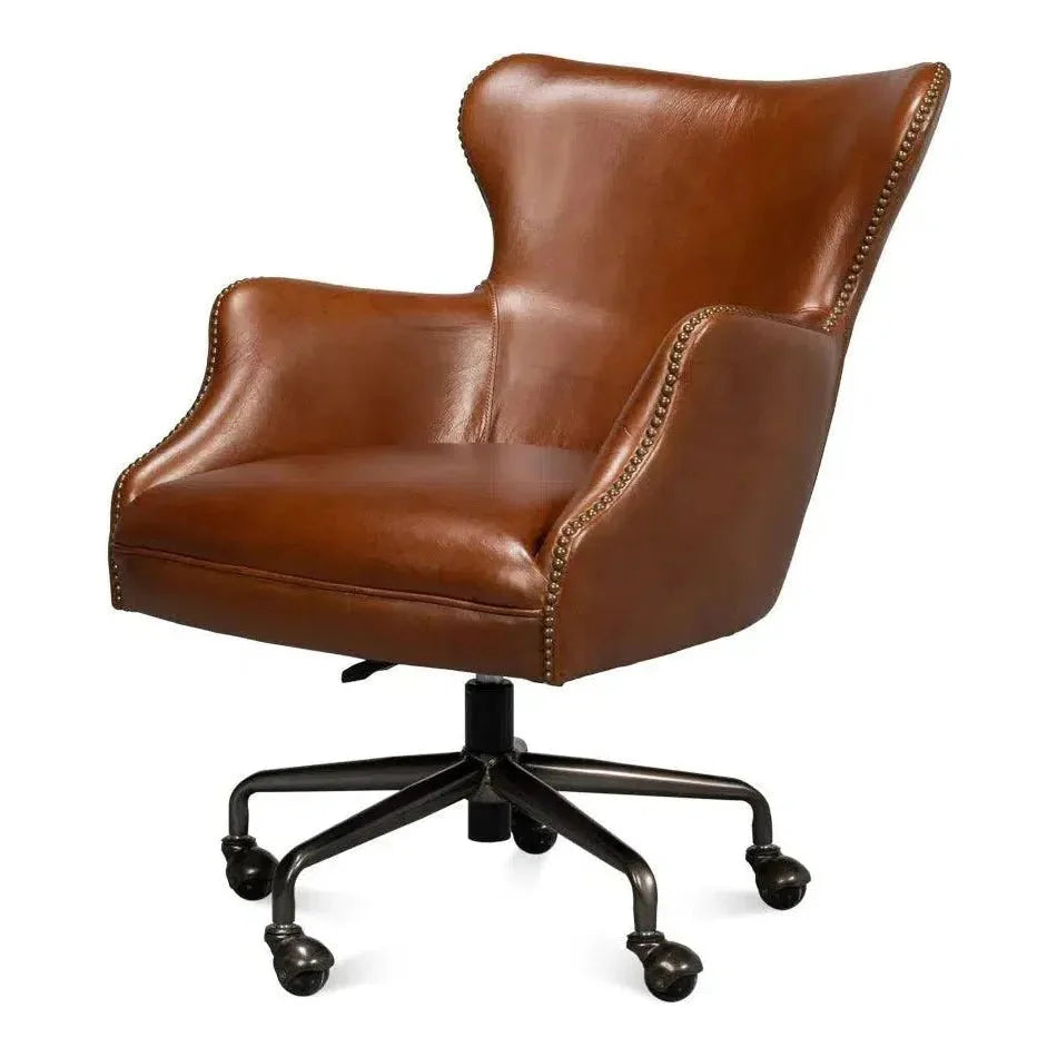 Andrew Jackson Swivel Brown Desk Chair Havana Leather - LOOMLAN - Sarreid - Office Chairs