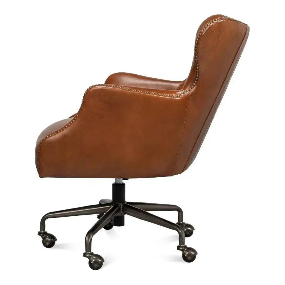 Andrew Jackson Swivel Brown Desk Chair Havana Leather - LOOMLAN - Sarreid - Office Chairs