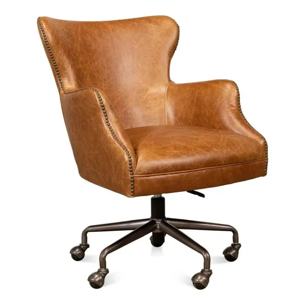 Andrew Jackson Swivel Tan Leather Desk Chair Cuba Brown - LOOMLAN - Sarreid - Office Chairs