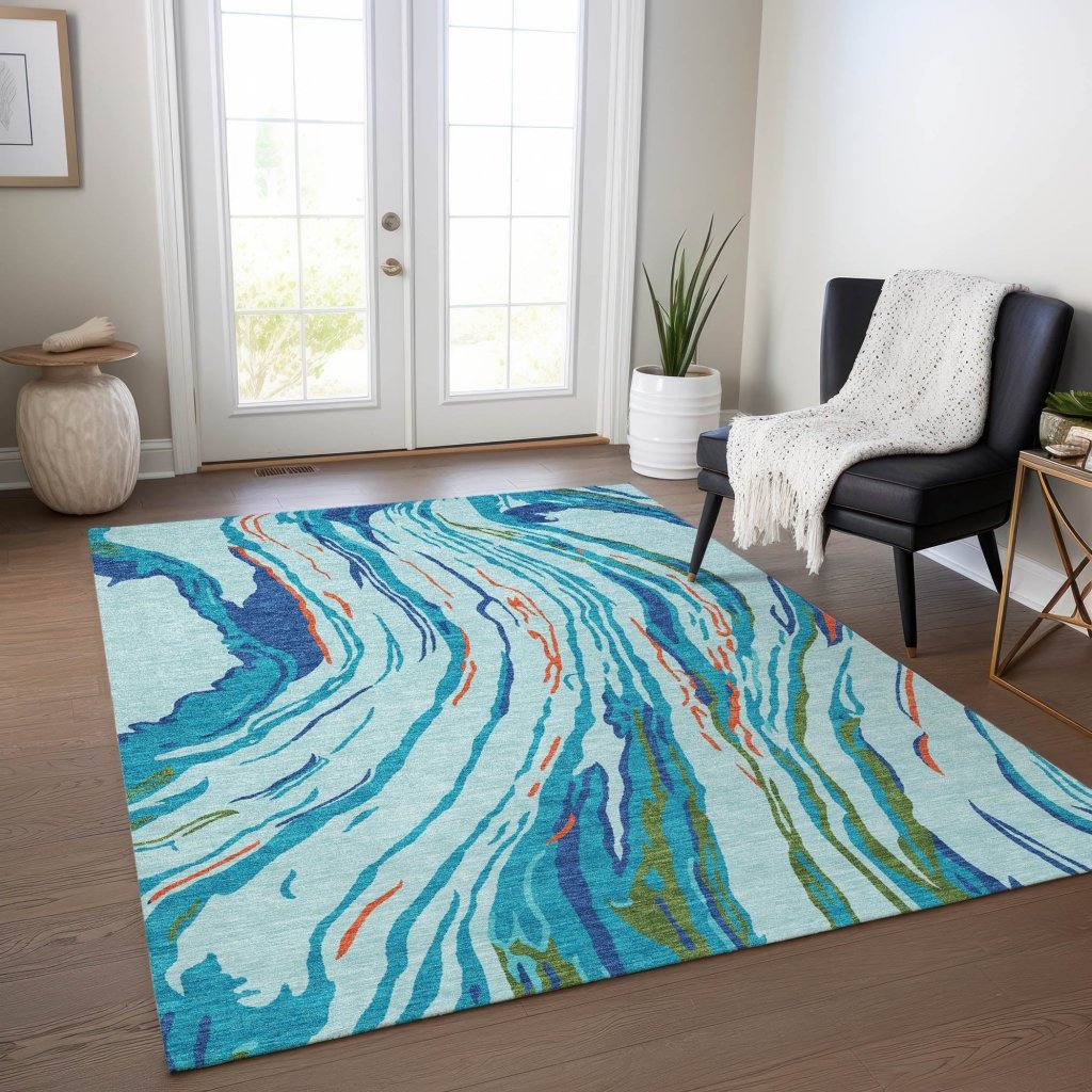 LOOMLAN Rugs Aureva Blue Washable Indoor-Outdoor Rug