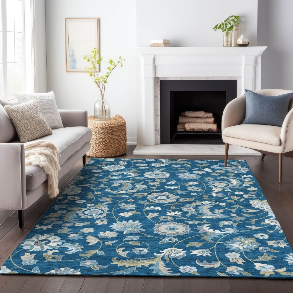 LOOMLAN Rugs Aveline Blue Washable Indoor-Outdoor Rug