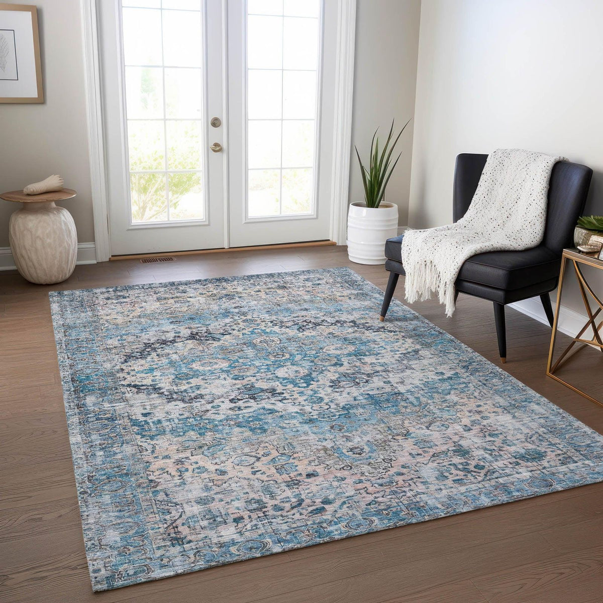 Jaelien Blue Washable Indoor-Outdoor Rug -- blue