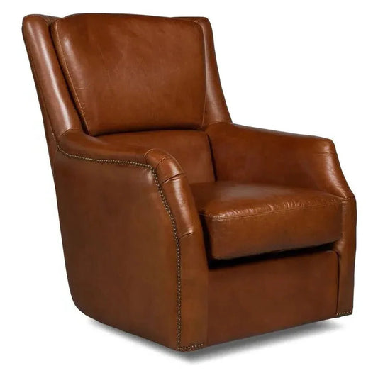Sarreid Baker Brown Leather Swivel Chair Havana Leather