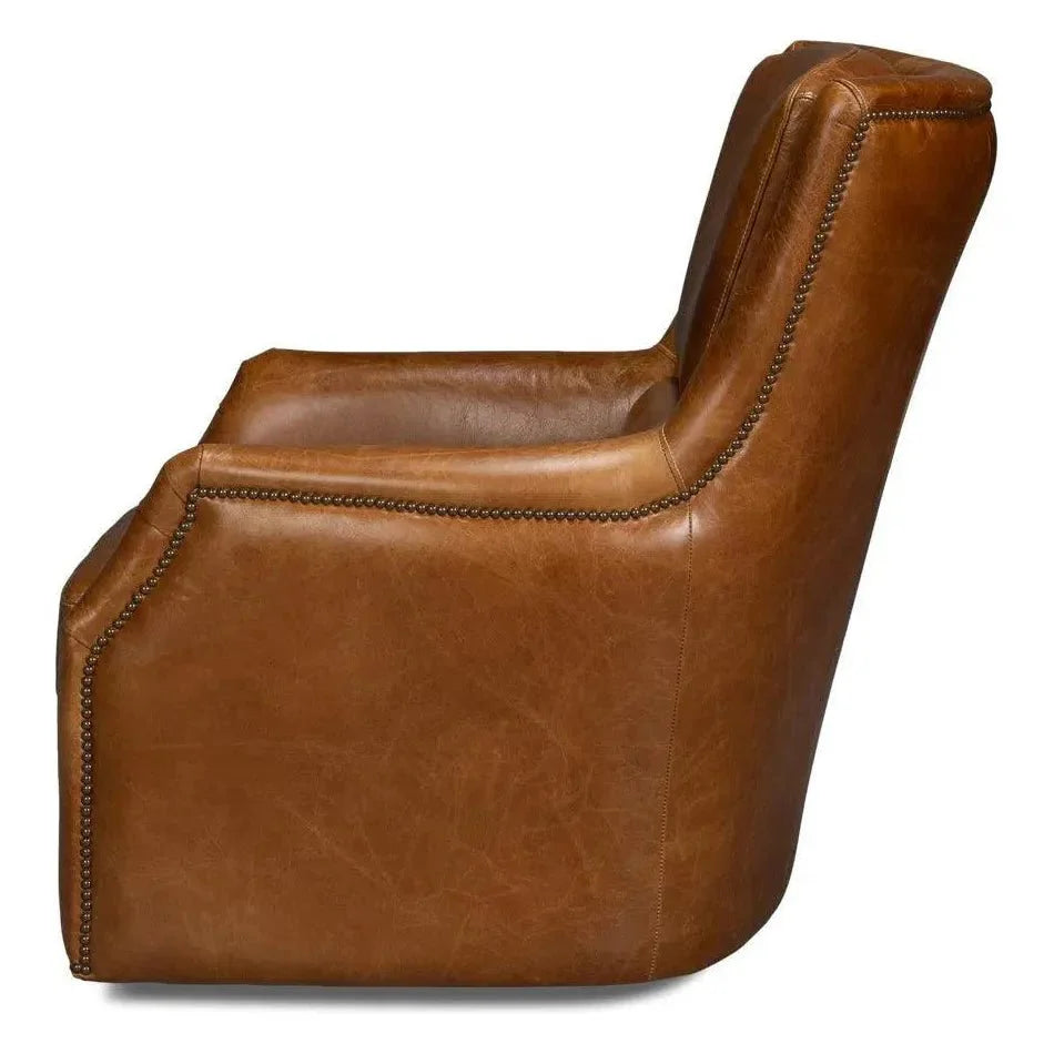 Sarreid Baker Wood & Leather Brown Swivel Arm Chair