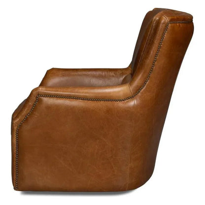 Sarreid Baker Wood & Leather Brown Swivel Arm Chair