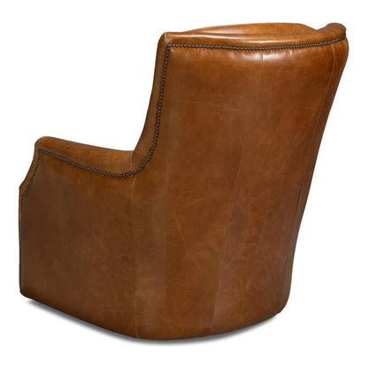 Sarreid Baker Wood & Leather Brown Swivel Arm Chair