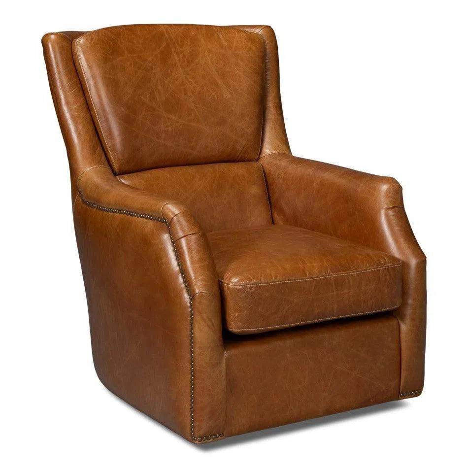 Sarreid Baker Wood & Leather Brown Swivel Arm Chair