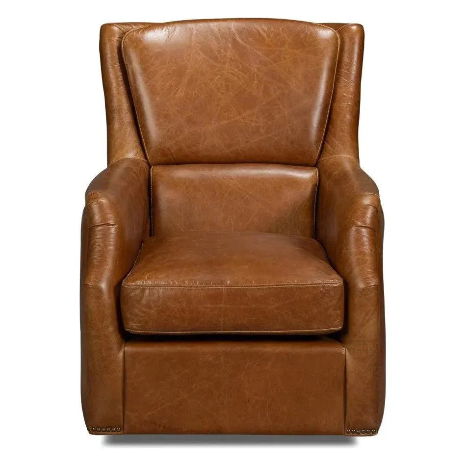 Sarreid Baker Wood & Leather Brown Swivel Arm Chair