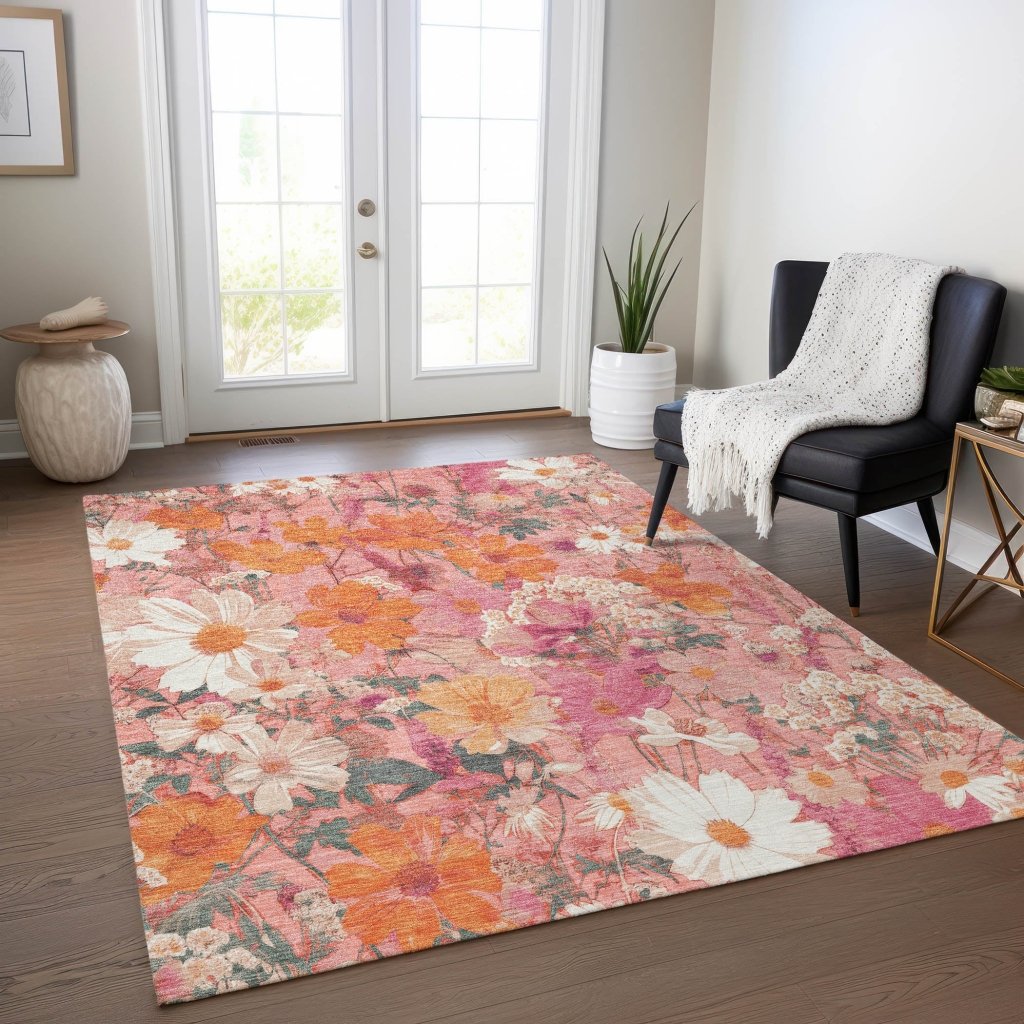 LOOMLAN Rugs Beshira Pink Washable Indoor-Outdoor Rug