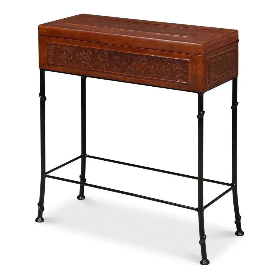 Botanical Side Table Leather Box On Stand - LOOMLAN - Sarreid - Side Tables