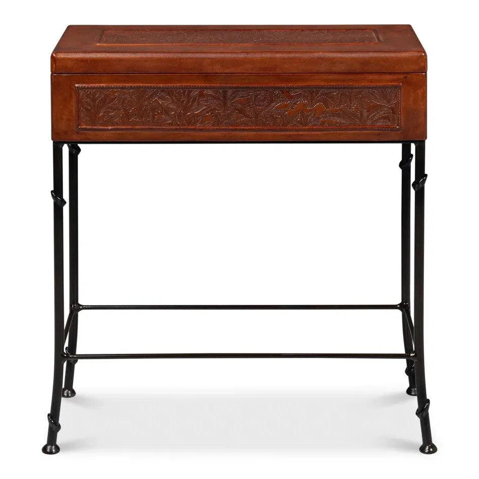Botanical Side Table Leather Box On Stand - LOOMLAN - Sarreid - Side Tables