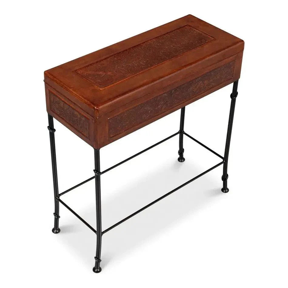 Botanical Side Table Leather Box On Stand - LOOMLAN - Sarreid - Side Tables