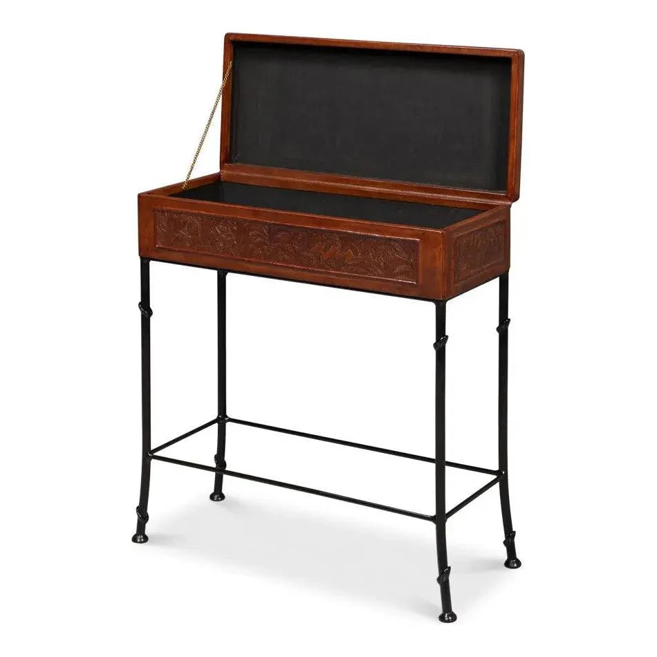 Botanical Side Table Leather Box On Stand - LOOMLAN - Sarreid - Side Tables