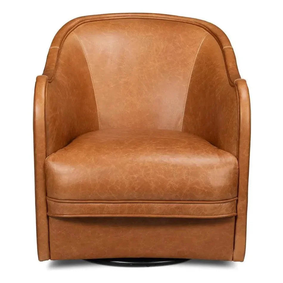 Sarreid Braxton Leather Brown Swivel Arm Chair