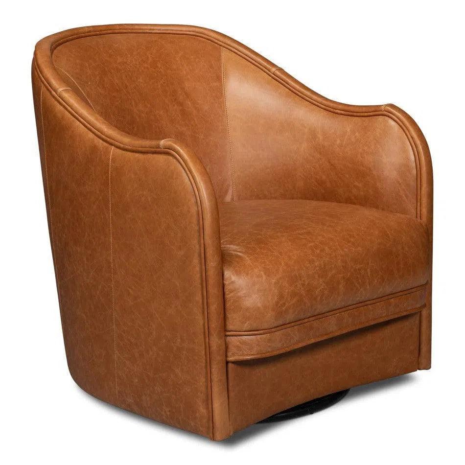 Sarreid Braxton Leather Brown Swivel Arm Chair