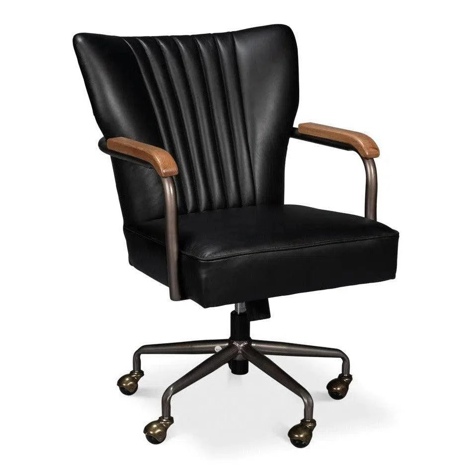 Brooks Metal & Leather Black Swivel Arm Chair - LOOMLAN - Sarreid - Office Chairs