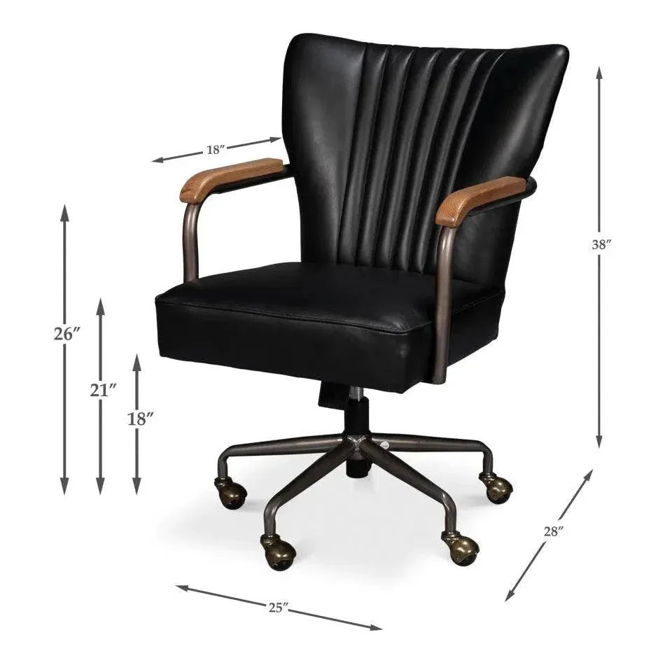 Brooks Metal & Leather Black Swivel Arm Chair - LOOMLAN - Sarreid - Office Chairs