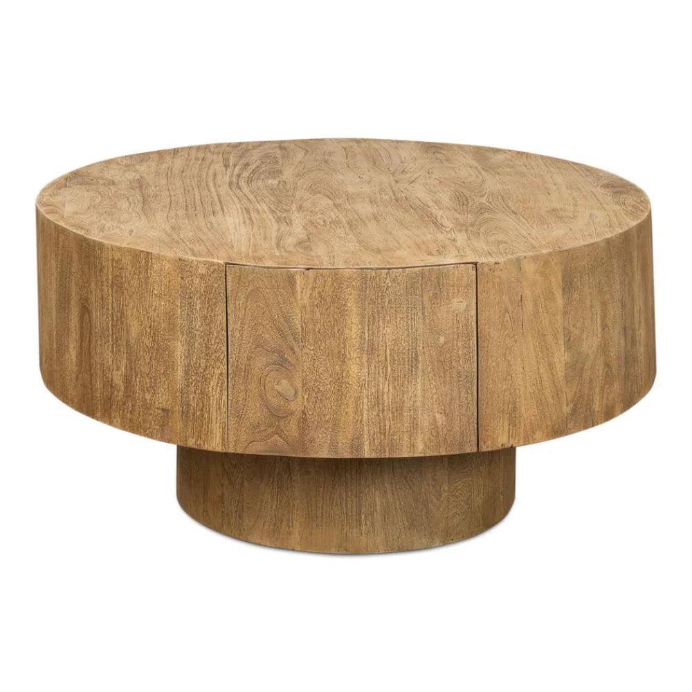 Brutus Barnwood Round Coffee Table Drawers Round Block - LOOMLAN - Sarreid - Coffee Tables