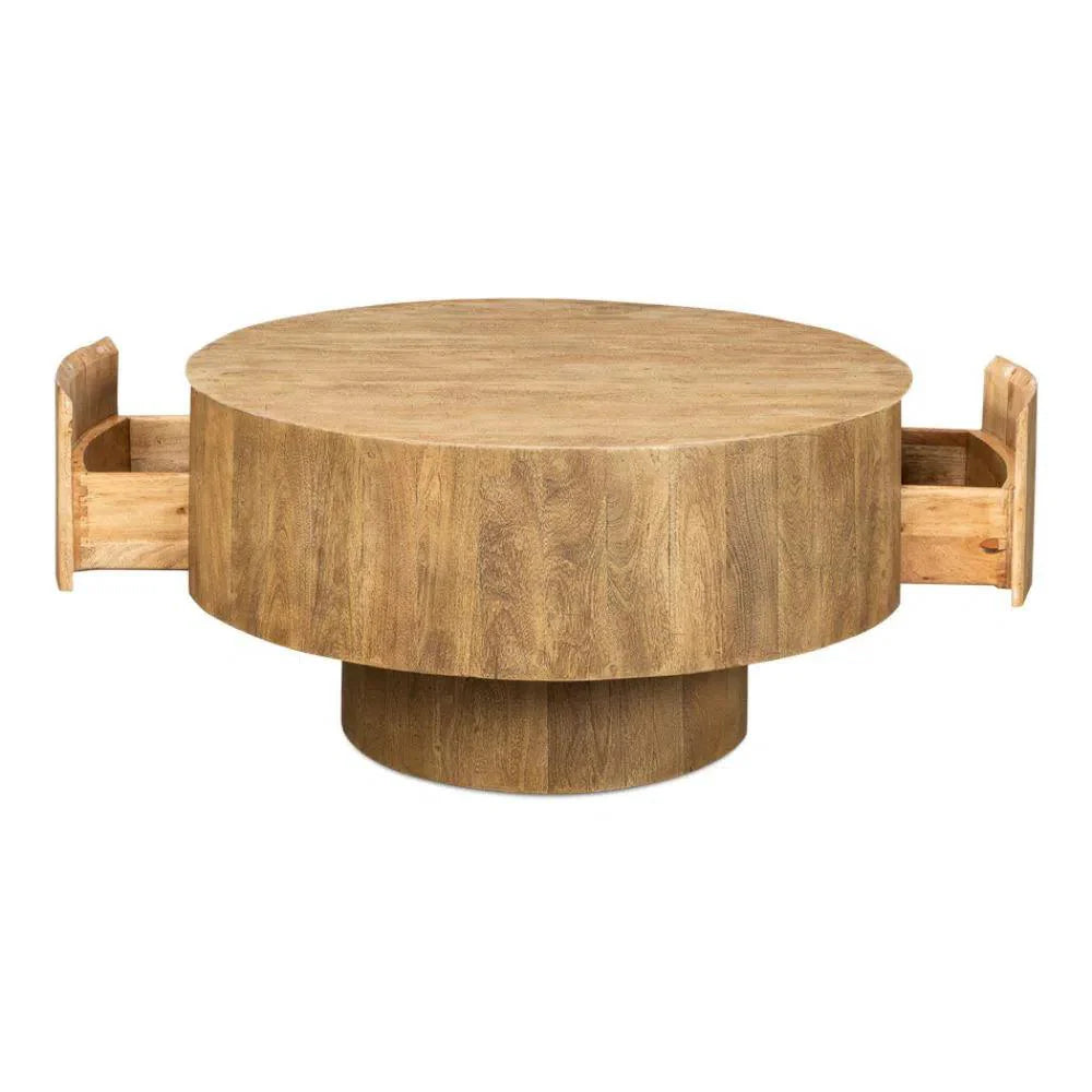 Brutus Barnwood Round Coffee Table Drawers Round Block - LOOMLAN - Sarreid - Coffee Tables