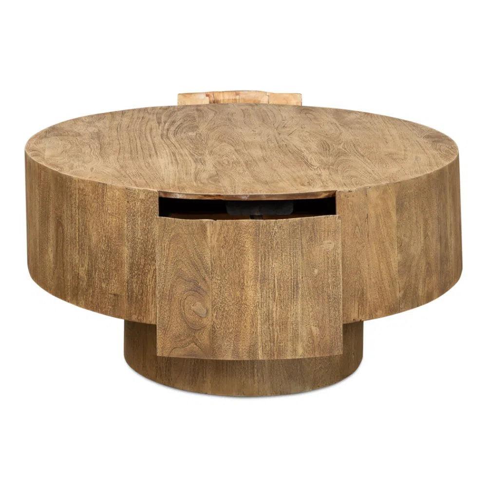 Brutus Barnwood Round Coffee Table Drawers Round Block - LOOMLAN - Sarreid - Coffee Tables