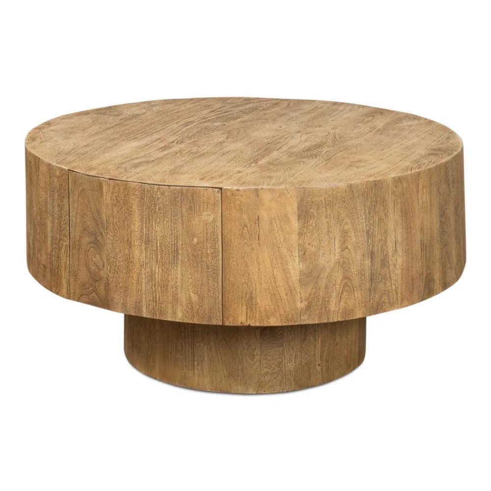 Brutus Barnwood Round Coffee Table Drawers Round Block - LOOMLAN - Sarreid - Coffee Tables