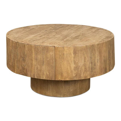 Brutus Barnwood Round Coffee Table Drawers Round Block - LOOMLAN - Sarreid - Coffee Tables