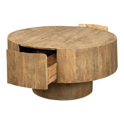 Brutus Barnwood Round Coffee Table Drawers Round Block - LOOMLAN - Sarreid - Coffee Tables