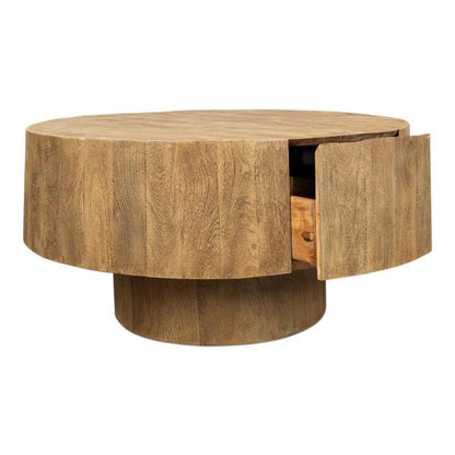 Brutus Barnwood Round Coffee Table Drawers Round Block - LOOMLAN - Sarreid - Coffee Tables