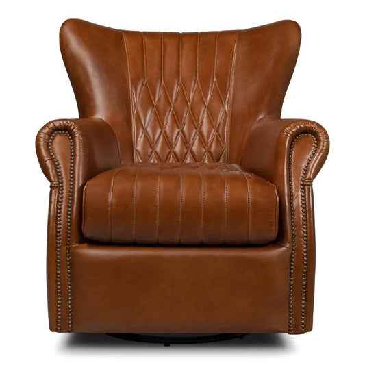Sarreid Bugatti Brown Leather Swivel Club Chair