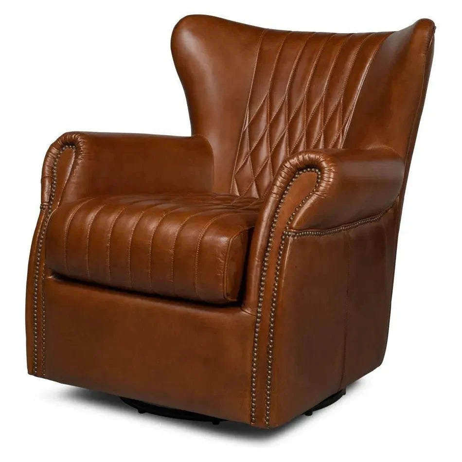 Bugatti Brown Leather Swivel Club Chair - LOOMLAN - Sarreid - Club Chairs