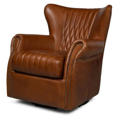 Bugatti Brown Leather Swivel Club Chair - LOOMLAN - Sarreid - Club Chairs