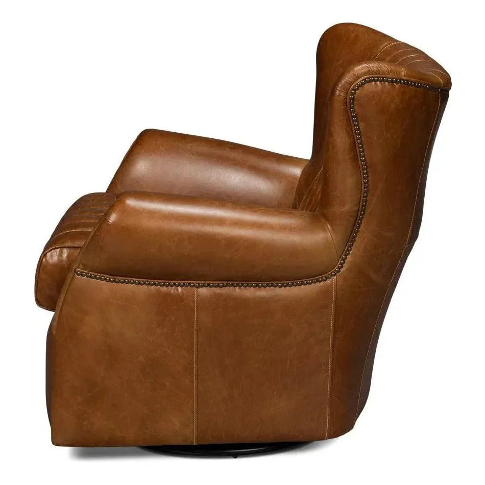 Bugatti Leather Brown Swivel Arm Chair - LOOMLAN - Sarreid - Club Chairs