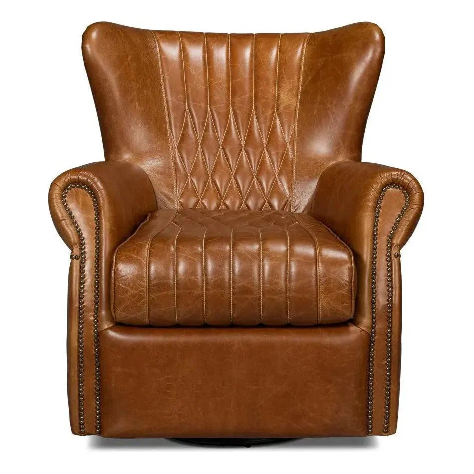 Bugatti Leather Brown Swivel Arm Chair - LOOMLAN - Sarreid - Club Chairs