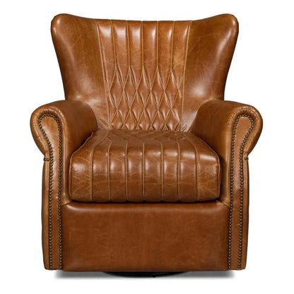 Bugatti Leather Brown Swivel Arm Chair - LOOMLAN - Sarreid - Club Chairs