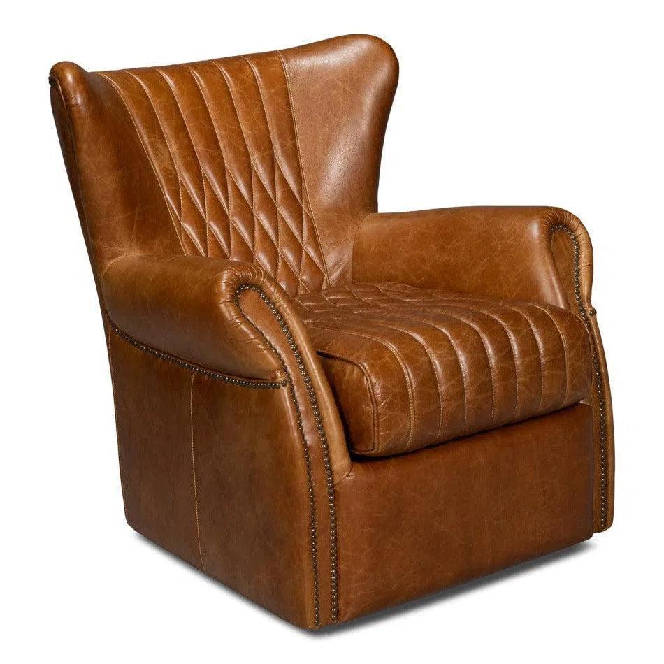 Bugatti Leather Brown Swivel Arm Chair - LOOMLAN - Sarreid - Club Chairs