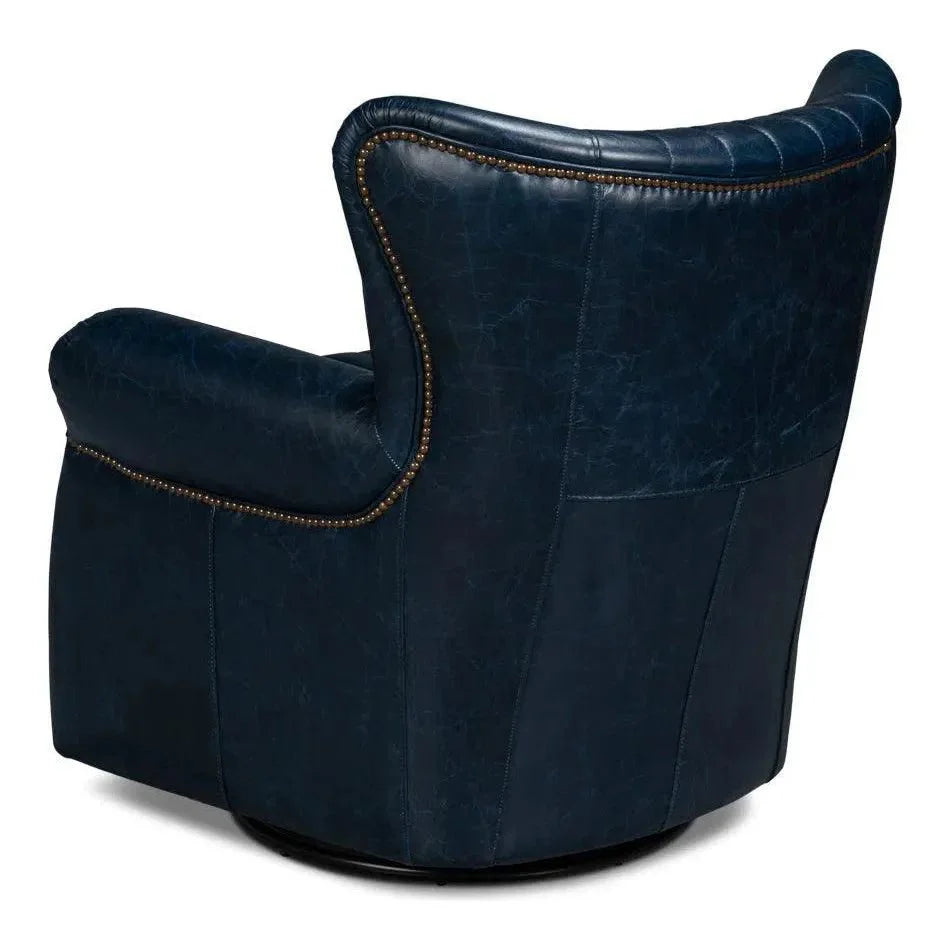 Sarreid Bugatti Wood & Leather Blue Swivel Arm Chair