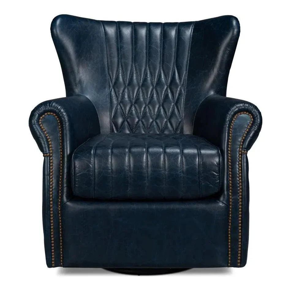 Sarreid Bugatti Wood & Leather Blue Swivel Arm Chair