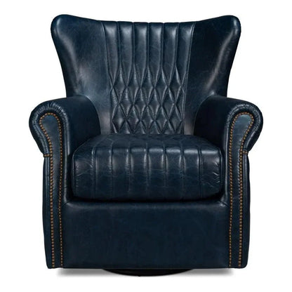 Sarreid Bugatti Wood & Leather Blue Swivel Arm Chair