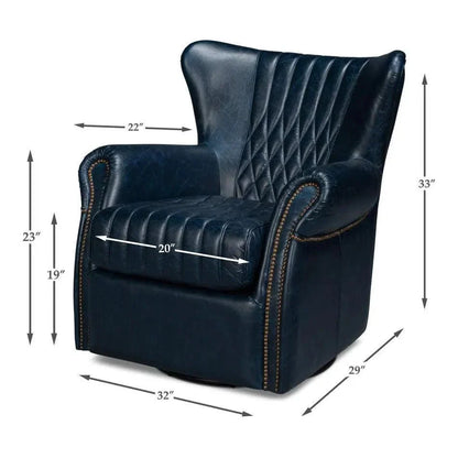 Sarreid Bugatti Wood & Leather Blue Swivel Arm Chair