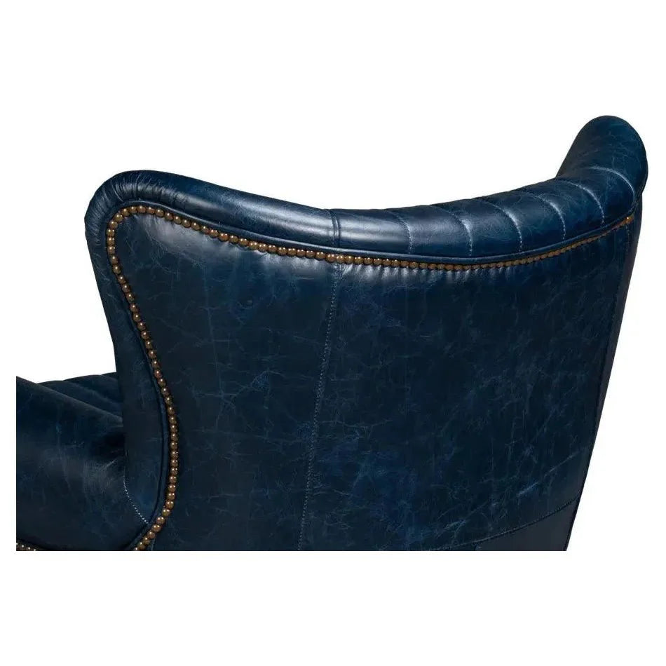 Sarreid Bugatti Wood & Leather Blue Swivel Arm Chair
