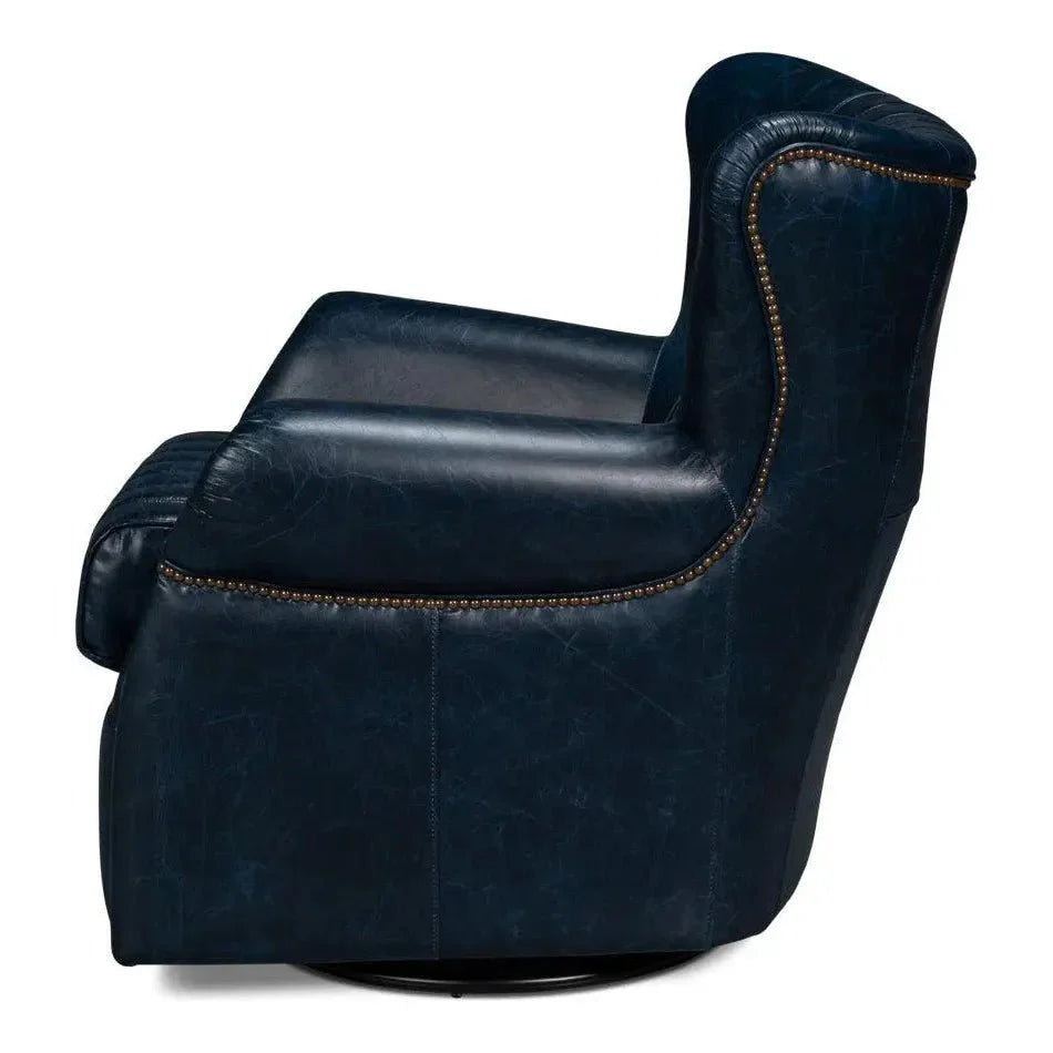 Sarreid Bugatti Wood & Leather Blue Swivel Arm Chair