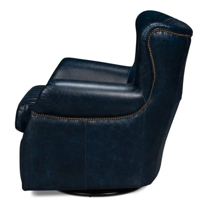 Sarreid Bugatti Wood & Leather Blue Swivel Arm Chair