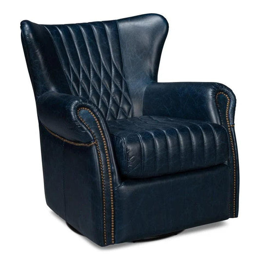 Sarreid Bugatti Wood & Leather Blue Swivel Arm Chair