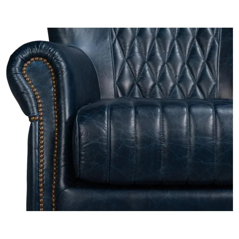 Sarreid Bugatti Wood & Leather Blue Swivel Arm Chair
